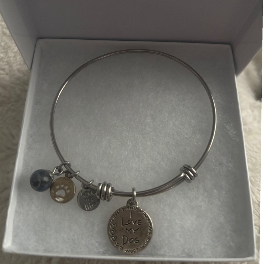 I Love My Dog Charm Bangle Bracelet Silver Tone Expandable Paw Bone